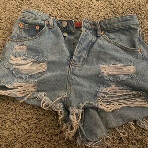 Distressed denim shorts